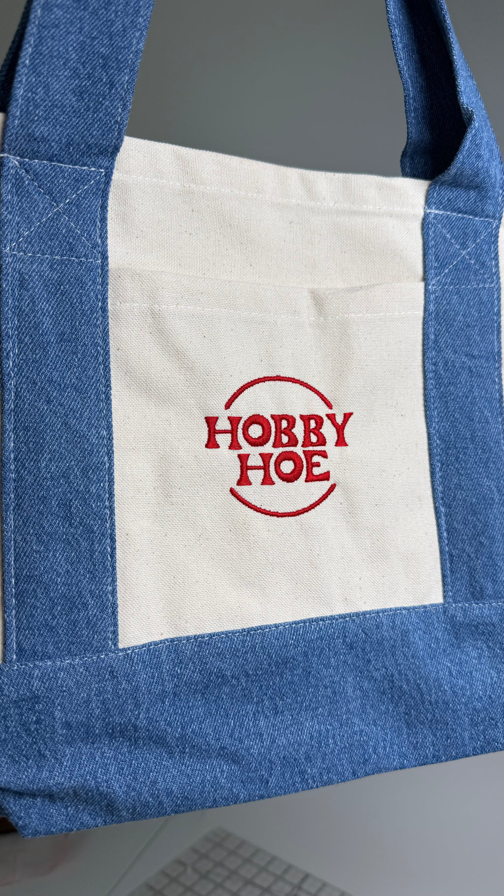 Hobby Hoe – Mini Denim/Natural Pocket Tote – Red Embroidery | TIMI