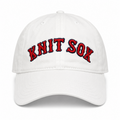White dad hat with Knit Sox red puff embroidery and navy embroidered detail
