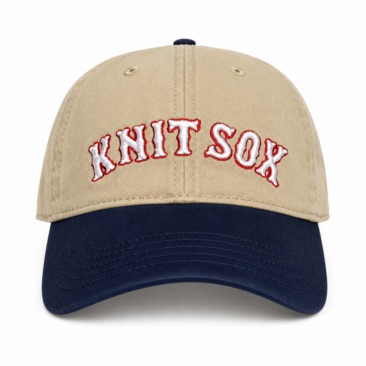 Khaki and navy split crown hat with red Knit Sox embroidery and white puff embroidery