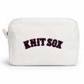 White zip pouch with red Knit Sox embroidery and navy 3D puff detail