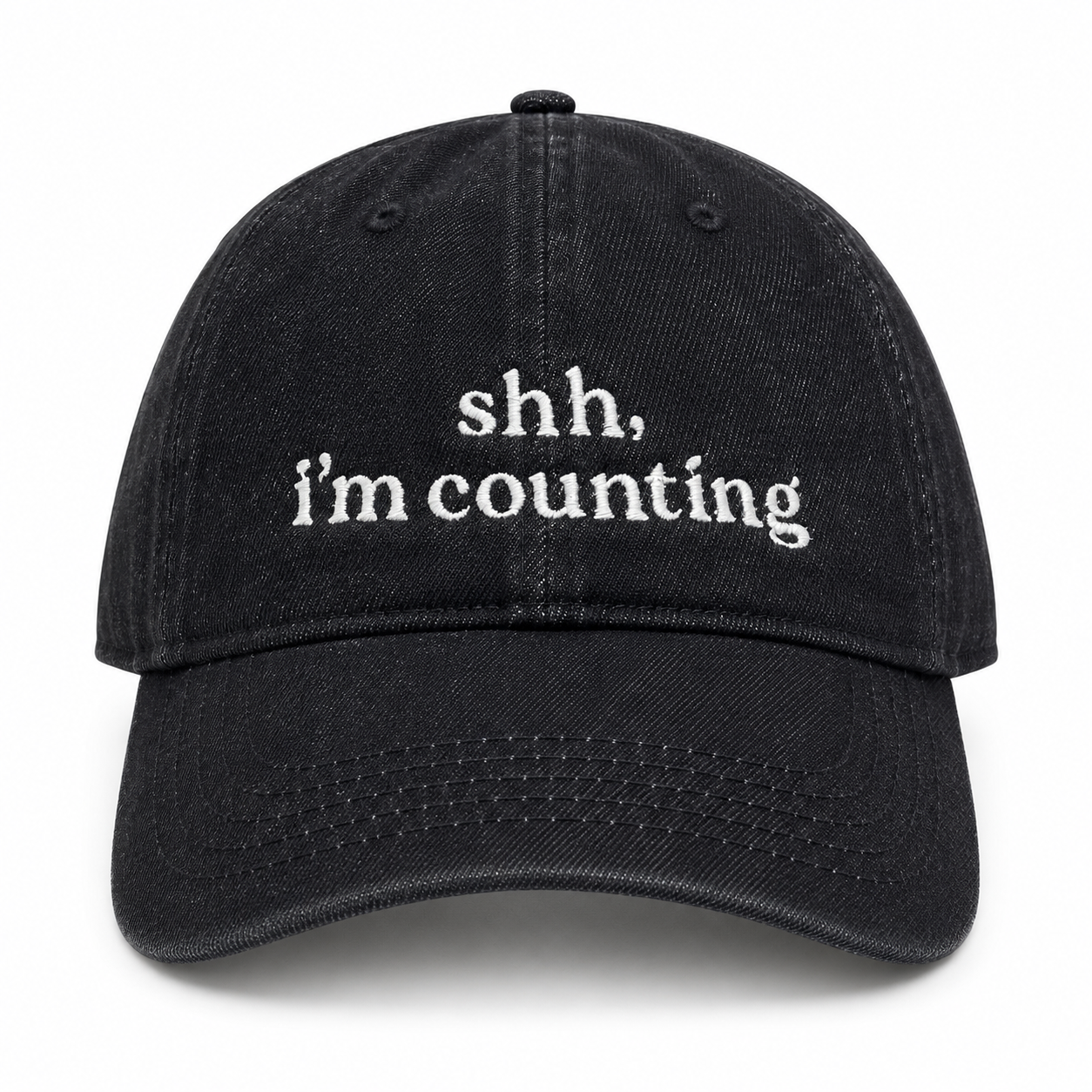 Shh, I’m Counting – Black Denim Hat – White Embroidery | Maker Favorite