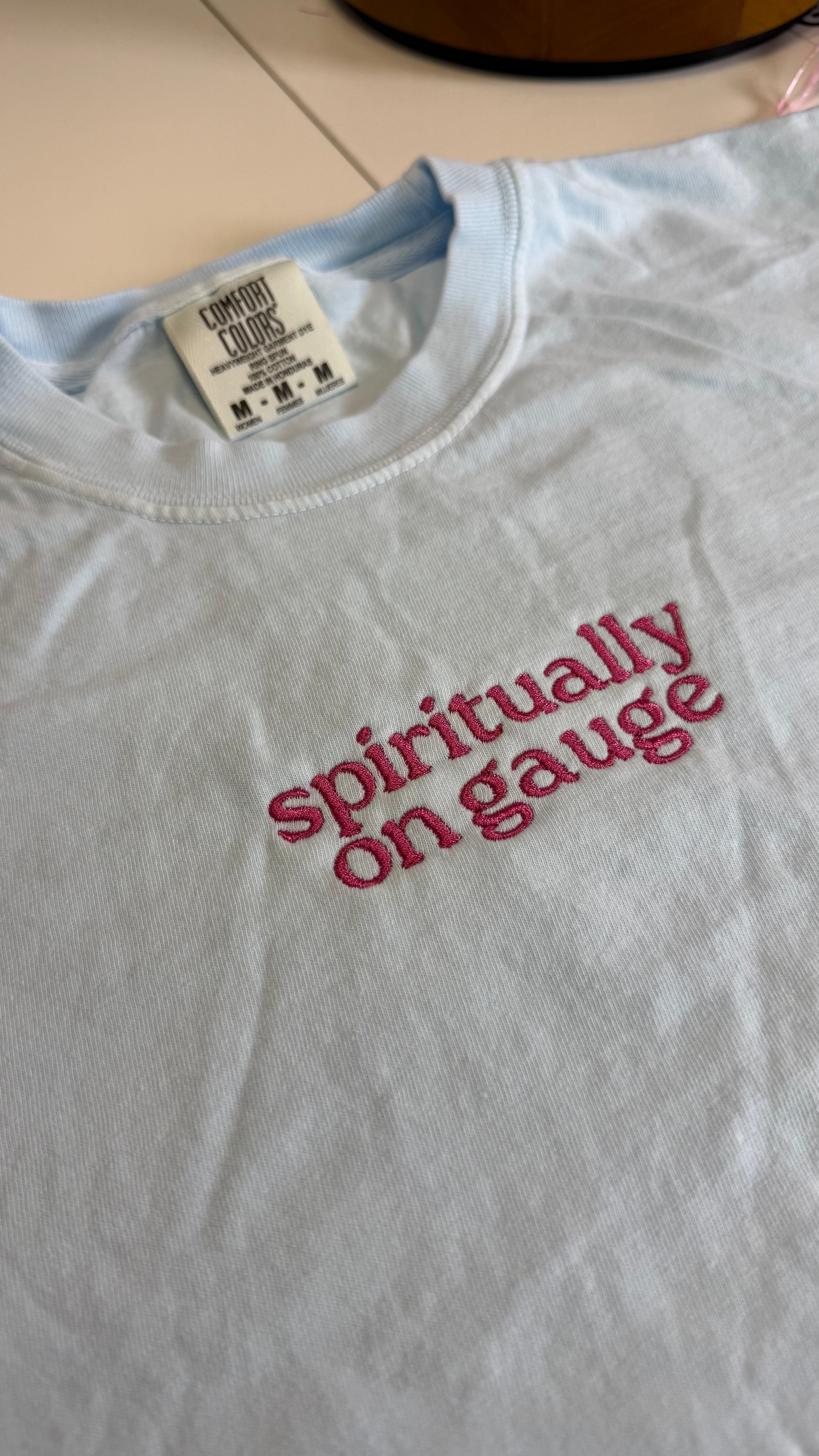 Spiritually On Gauge – Chambray Heavyweight Boxy Tee – Pink Embroidery | TIMI