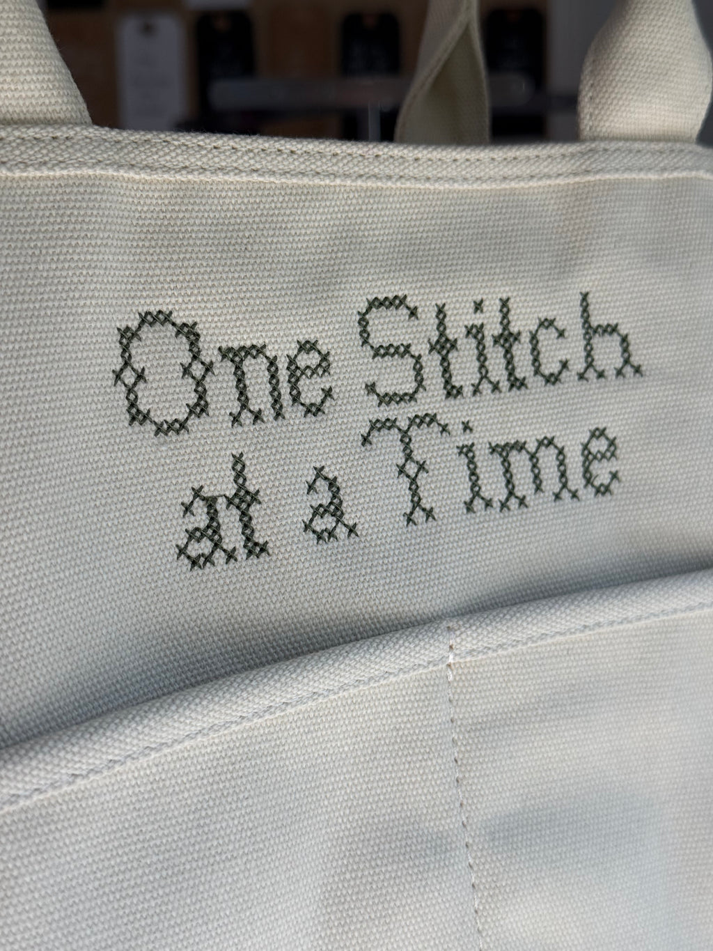 One Stitch at a Time Natural Canvas TIMI Tote – Dark Olive Cross Stitch Embroidery