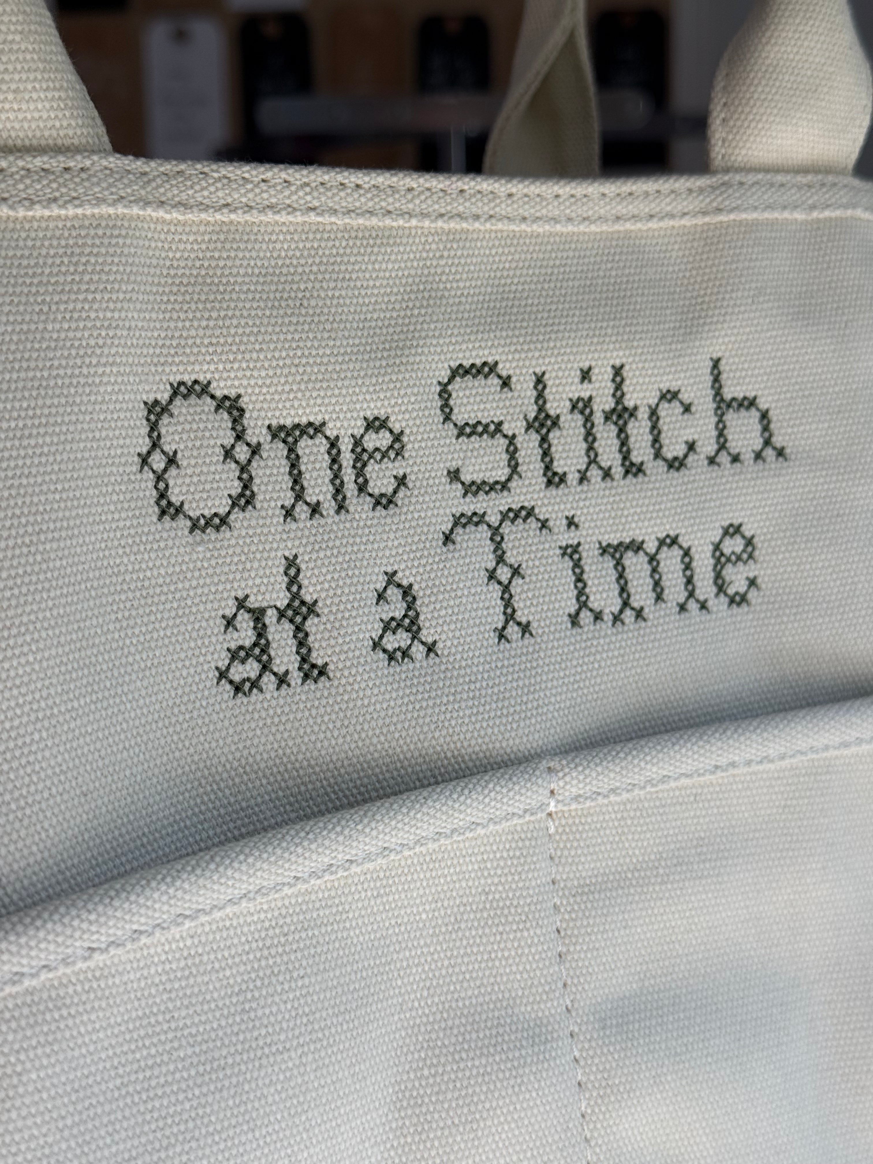 One Stitch at a Time Natural Canvas TIMI Tote – Dark Olive Cross Stitch Embroidery