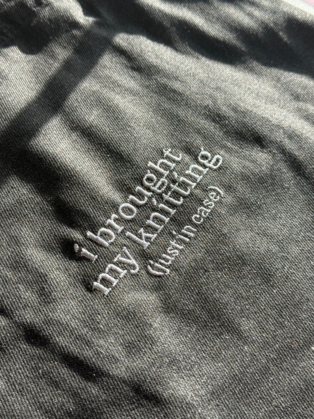 I Brought My Knitting Black Denim Studio Tote – Metallic Silver Embroidery