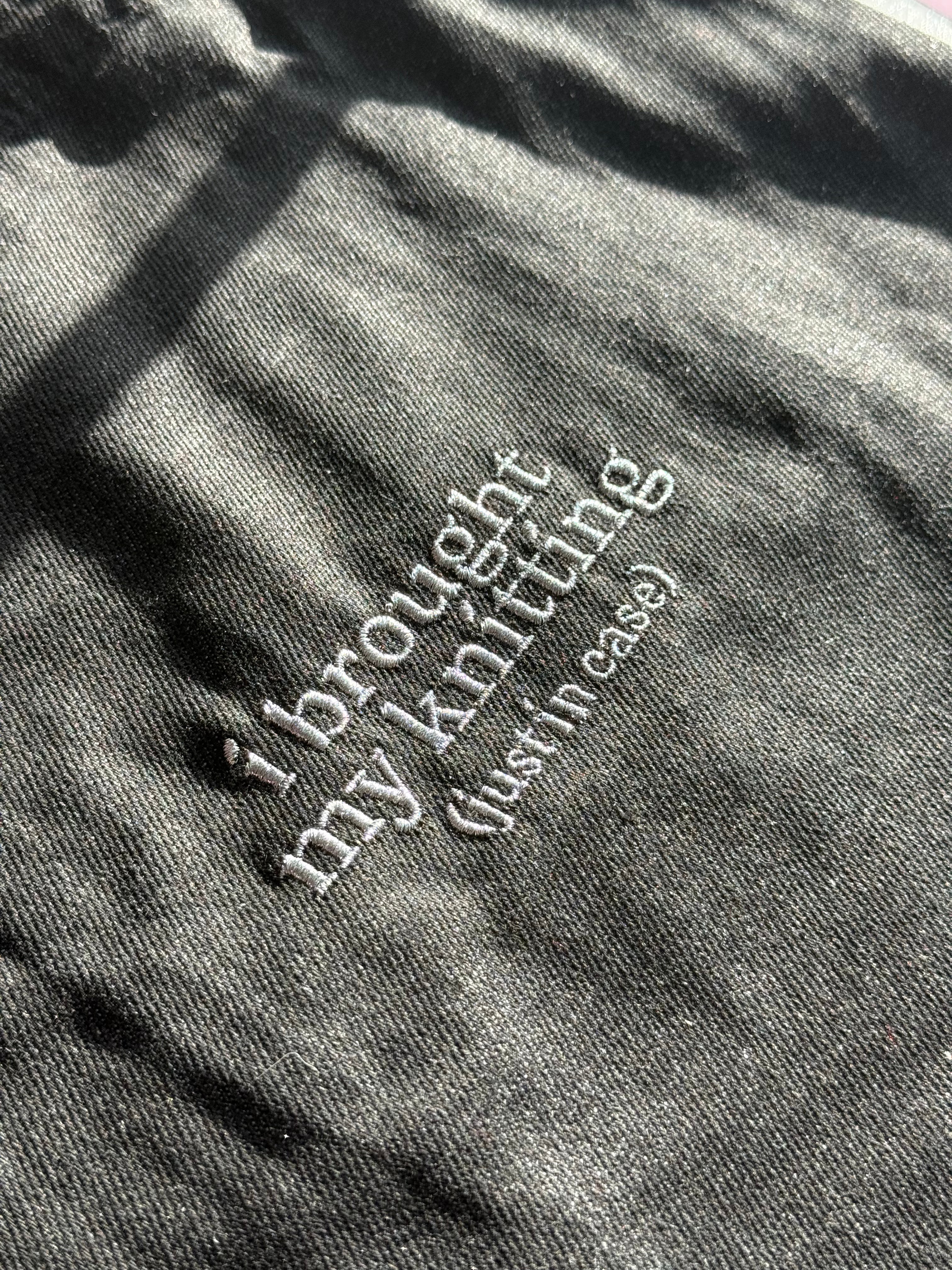 I Brought My Knitting Black Denim Studio Tote – Metallic Silver Embroidery