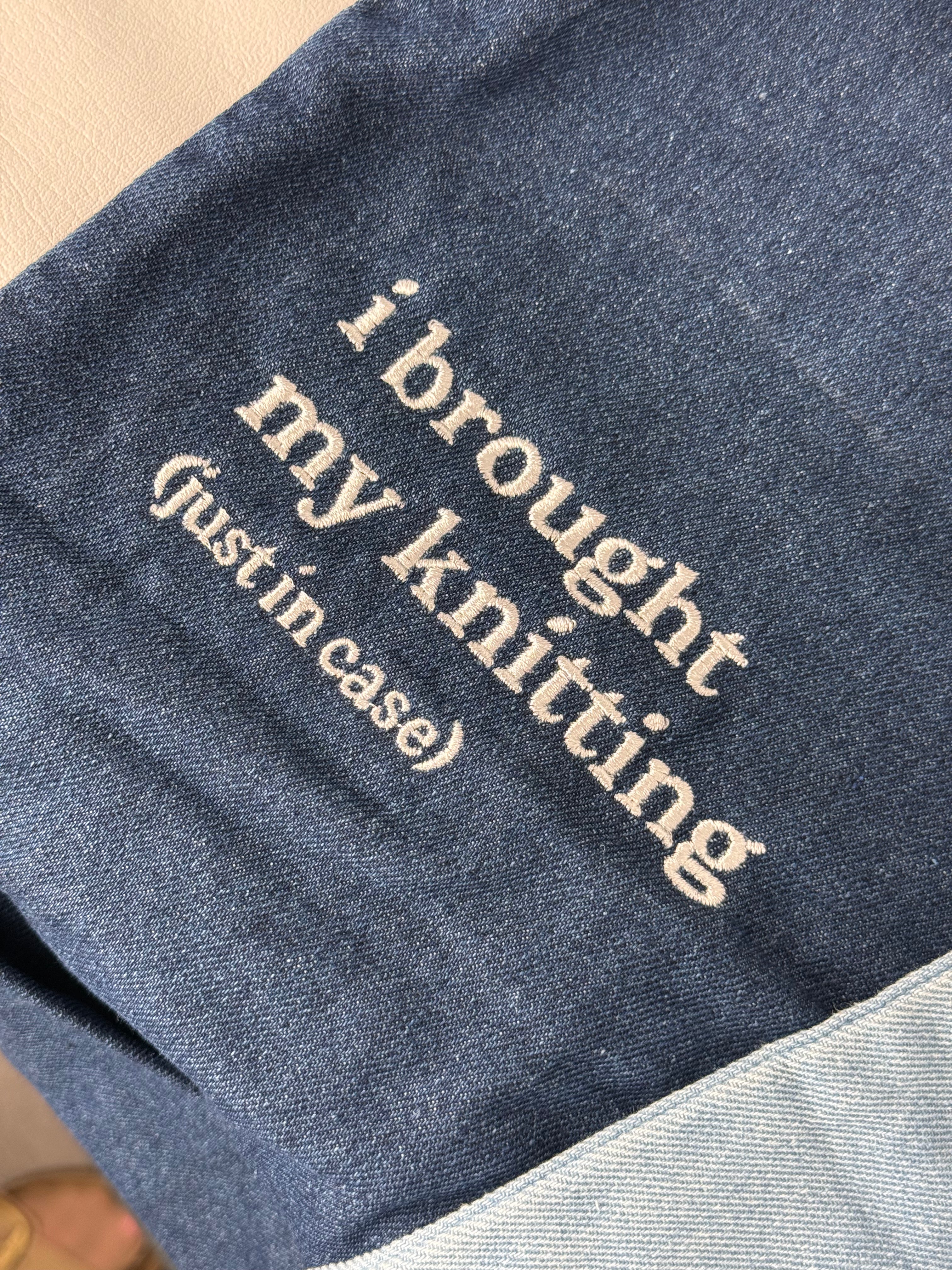 I Brought My Knitting Dark Denim Studio Tote – White Embroidery