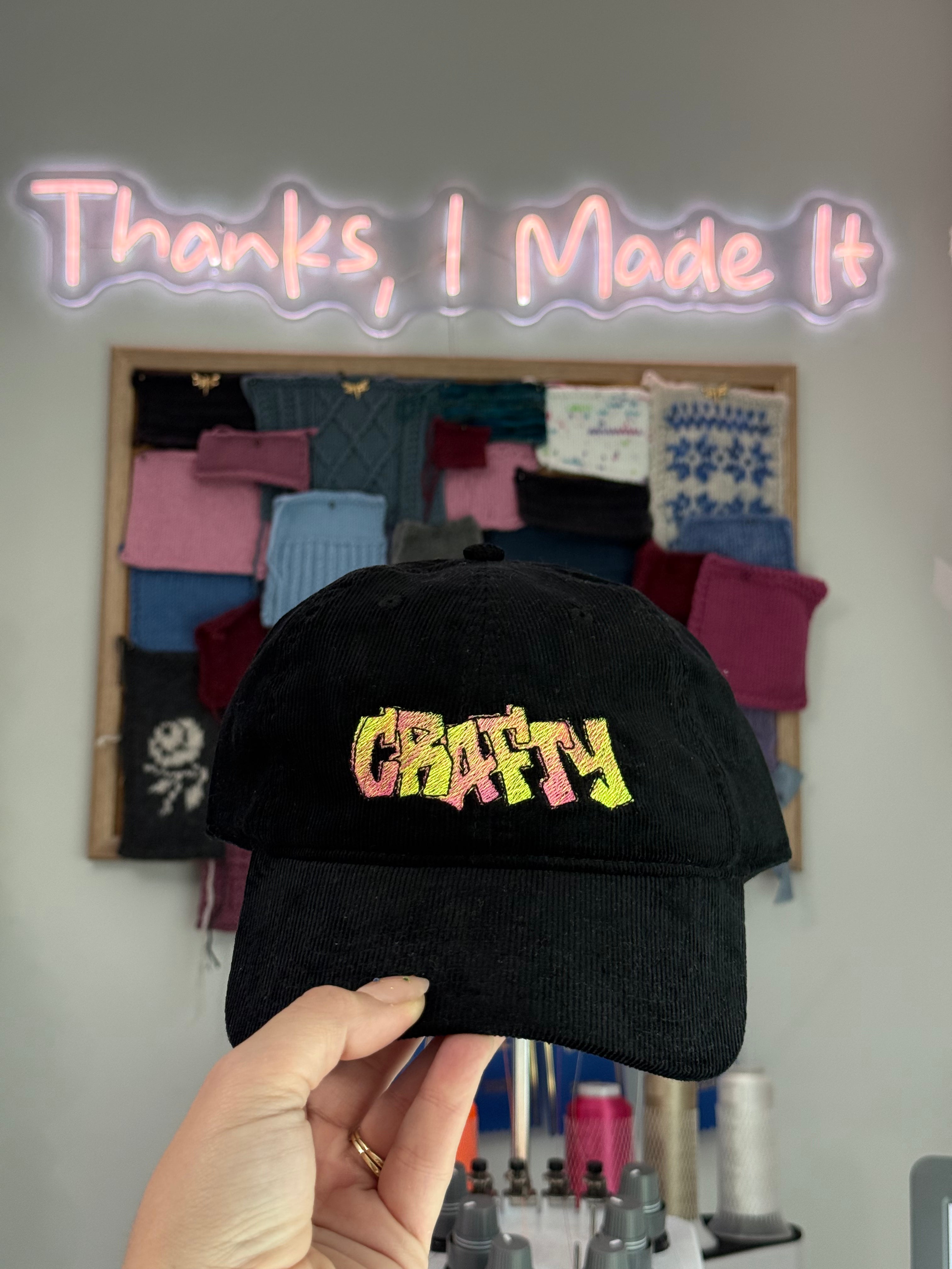 CRAFTY Black Corduroy Dad Hat – Neon Green + Bubblegum Pink Embroidery