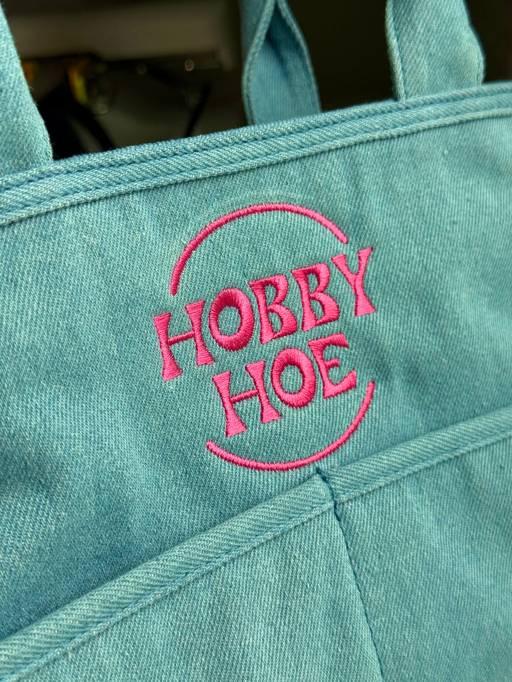 Hobby Hoe Light Denim TIMI Tote™ – Bright Pink Embroidery