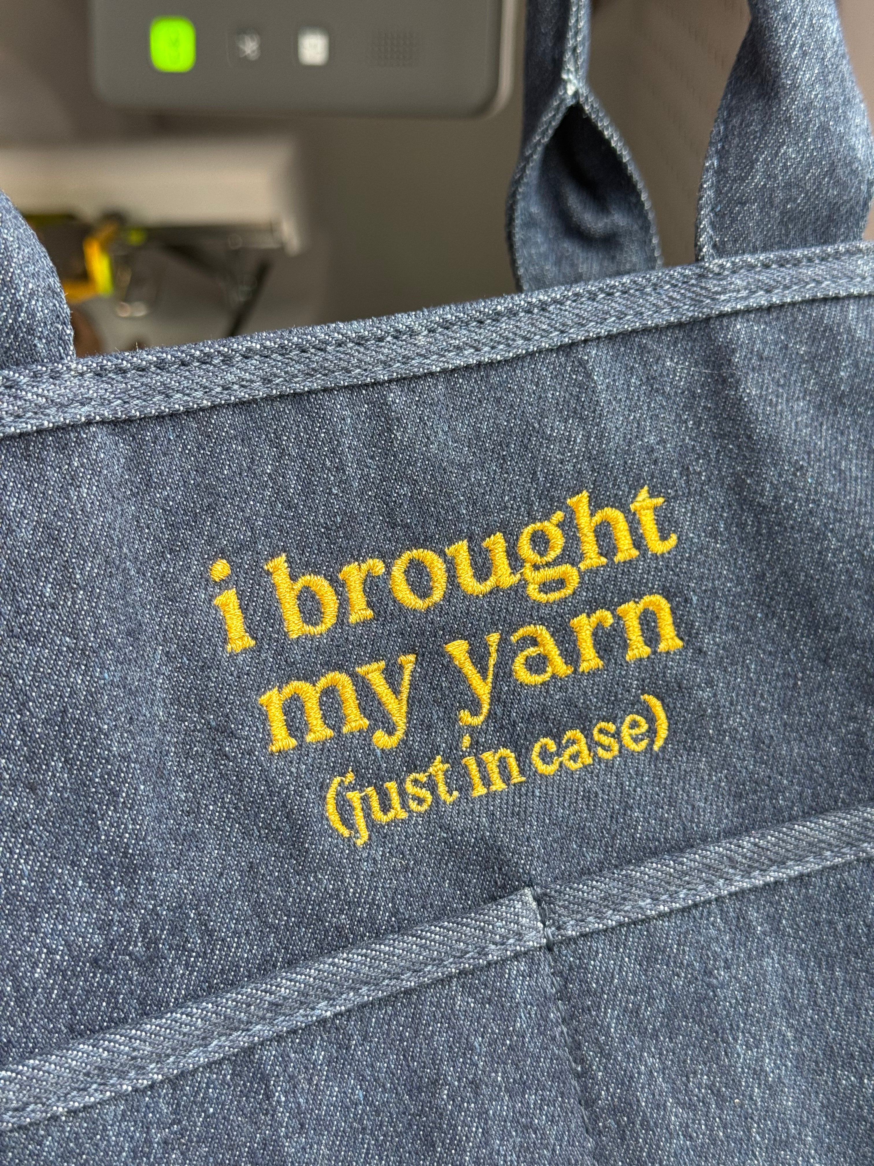 I Brought My Yarn Dark Denim TIMI Tote™ – Metallic Gold Embroidery
