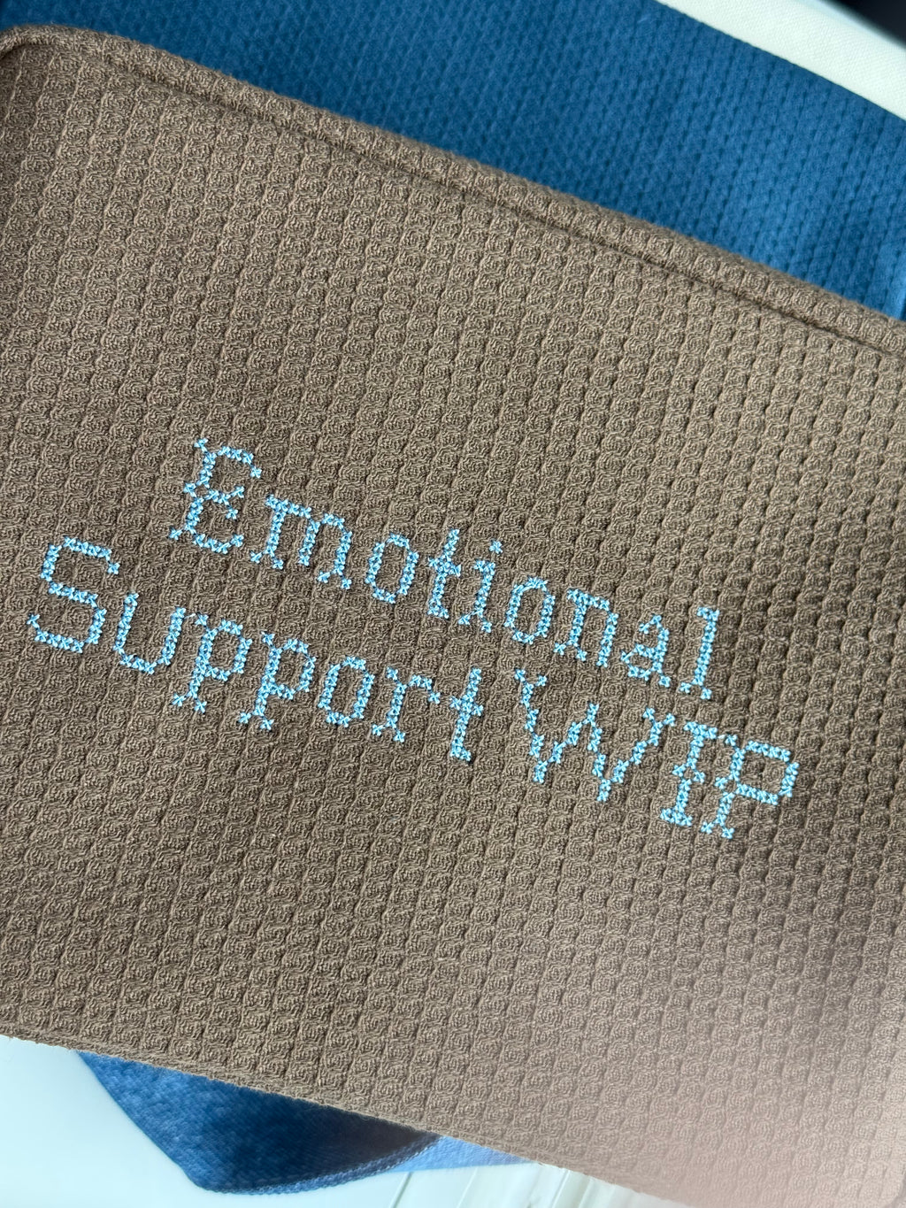 Emotional Support WIP Brown Waffle Pouch – Baby Blue Cross-Stitch Embroidery