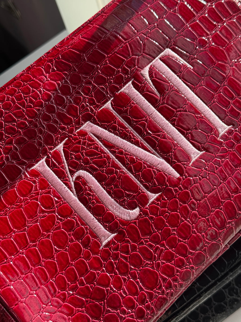 KNIT Cranberry Premium Croc Pouch – Baby Pink Serif Embroidery
