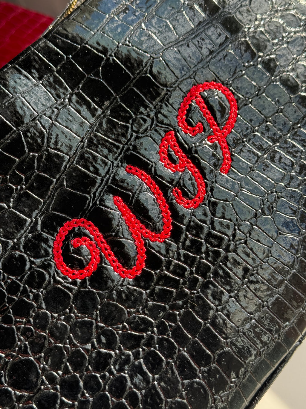 WIP Black Premium Croc Pouch – Red Bold Chainstitch Embroidery