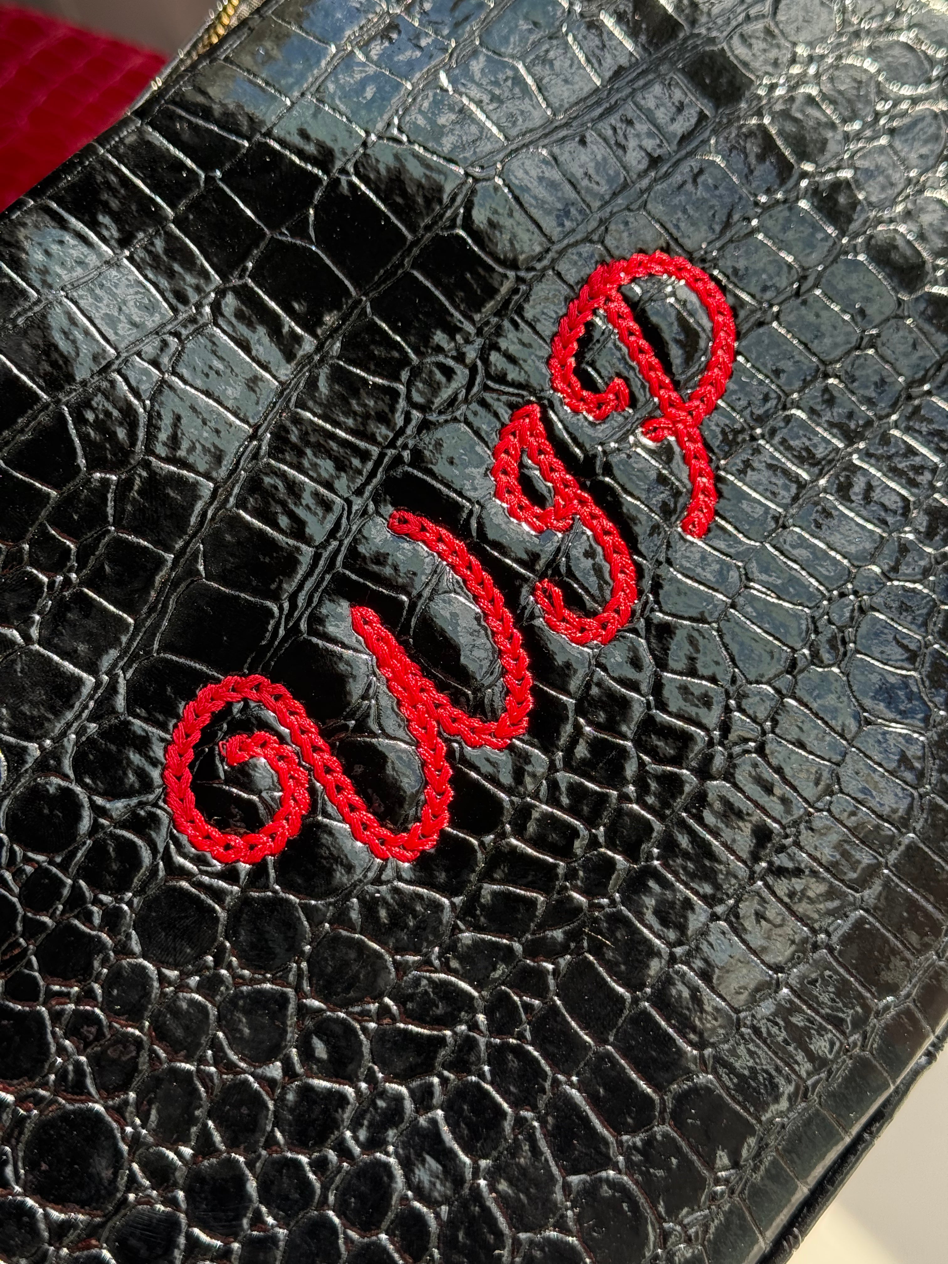 WIP Black Premium Croc Pouch – Red Bold Chainstitch Embroidery