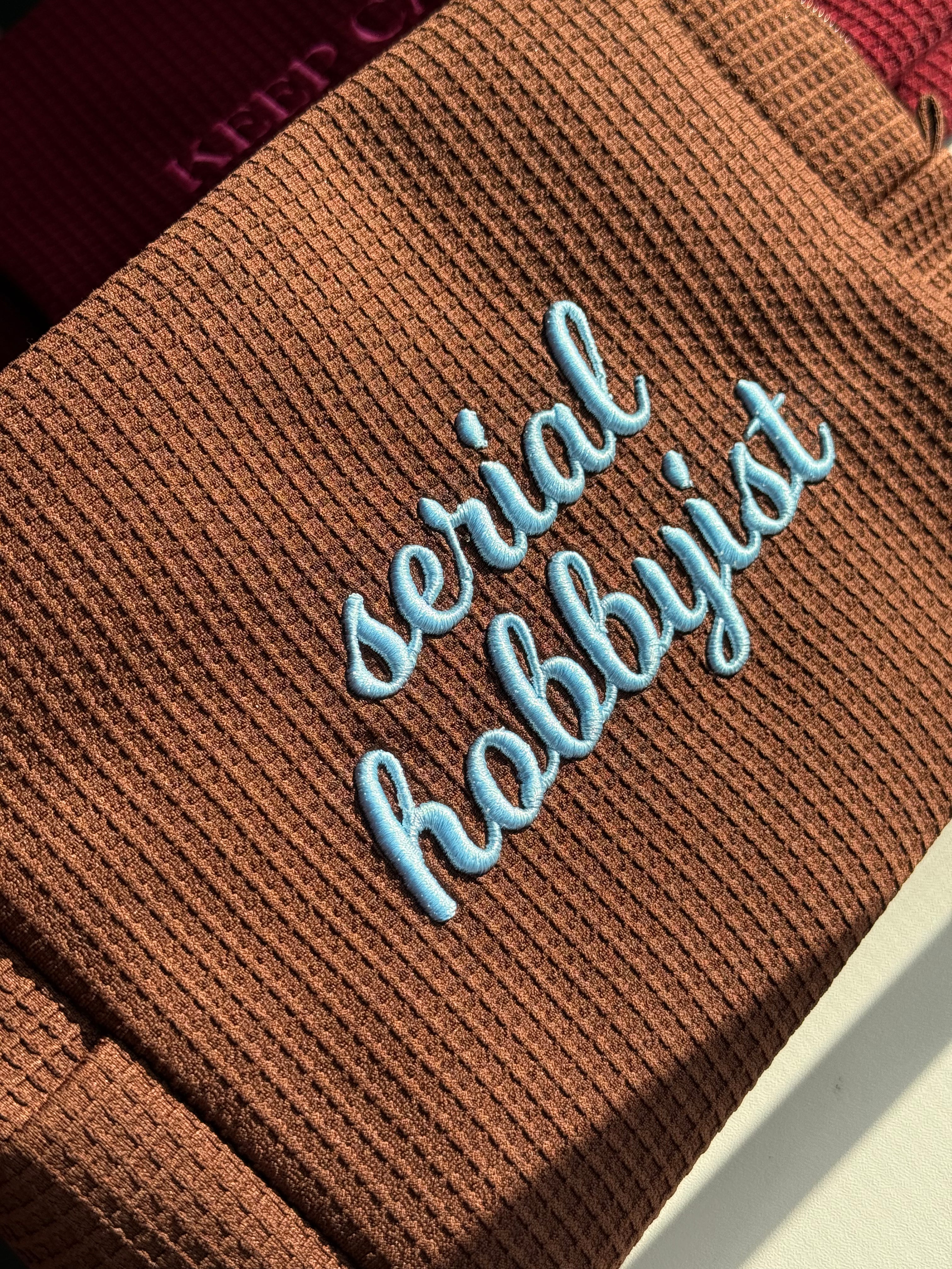 Serial Hobbyist Chocolate Brown Premium Waffle Pouch – Baby Blue 3D Puff Milkshake Embroidery