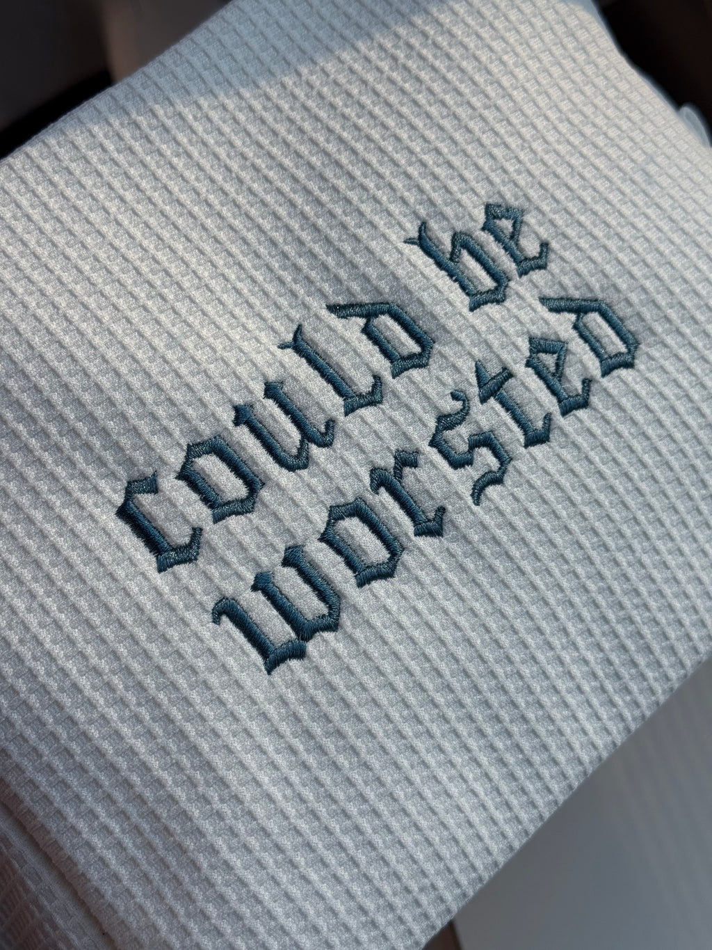Could Be Worsted White Premium Waffle Pouch – Slate Blue Gothic Embroidery