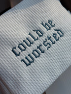 Could Be Worsted White Premium Waffle Pouch – Slate Blue Gothic Embroidery