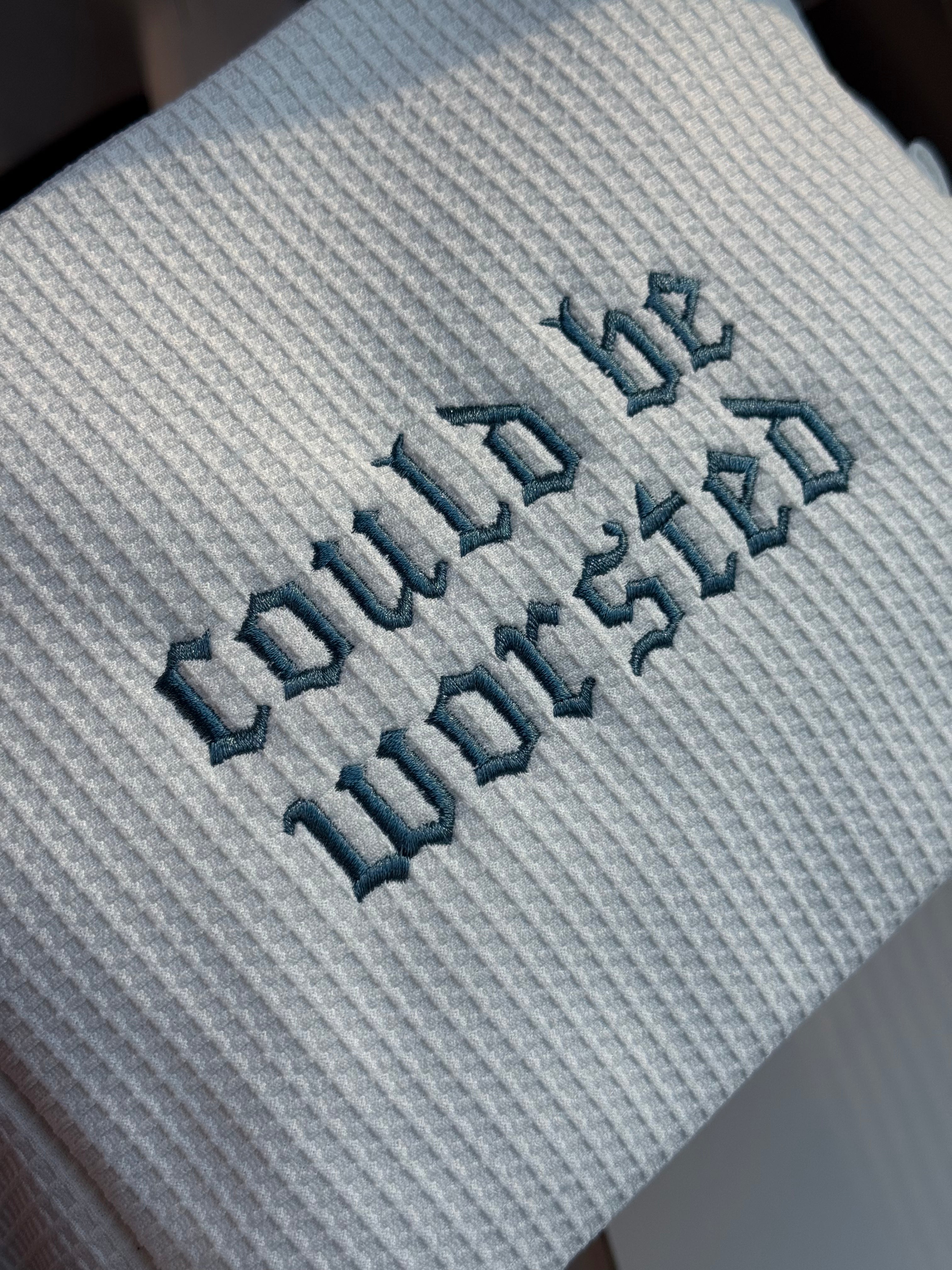 Could Be Worsted White Premium Waffle Pouch – Slate Blue Gothic Embroidery