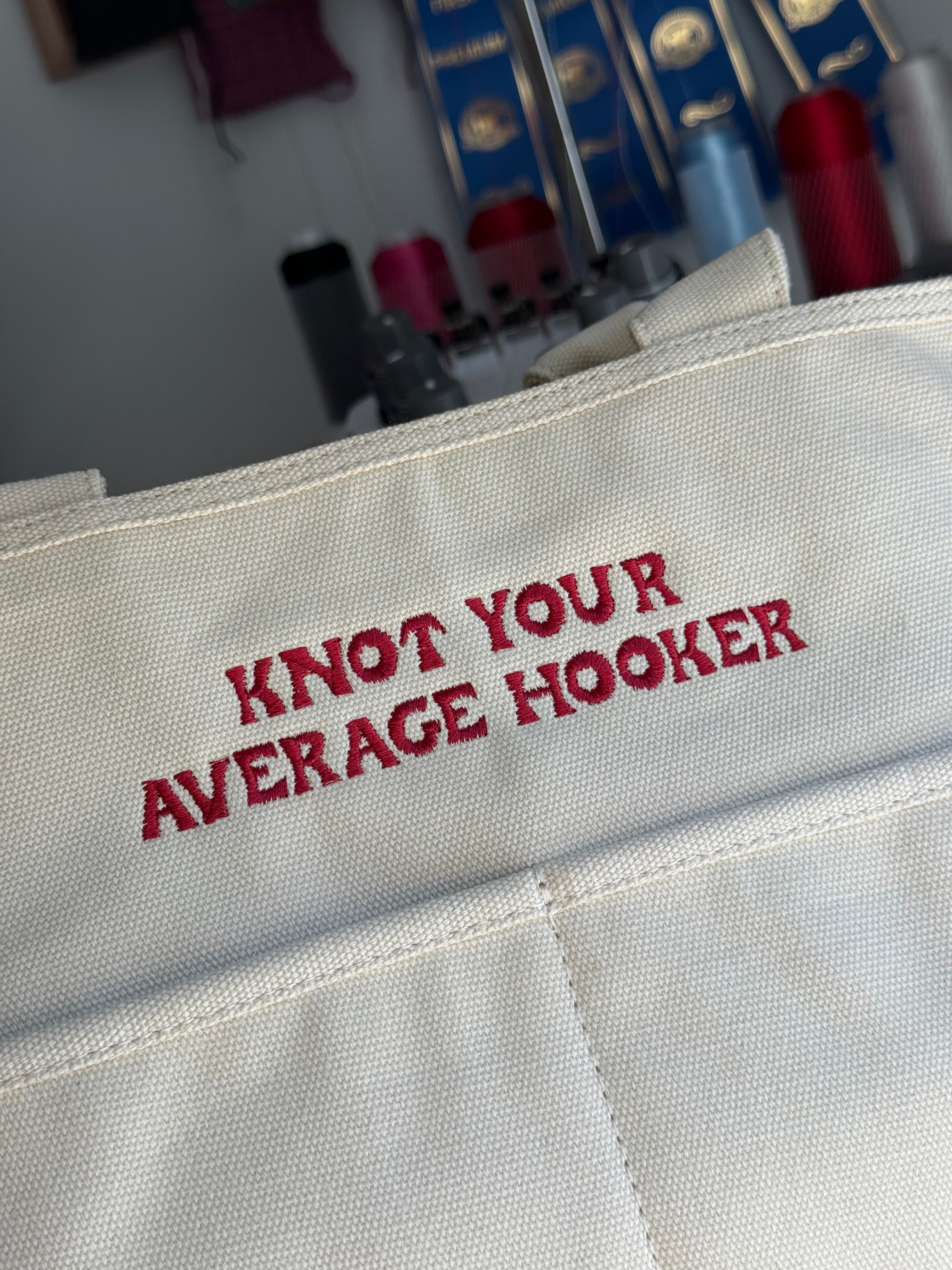 Knot Your Average Hooker Natural Canvas TIMI Tote with dark red hobby embroidery