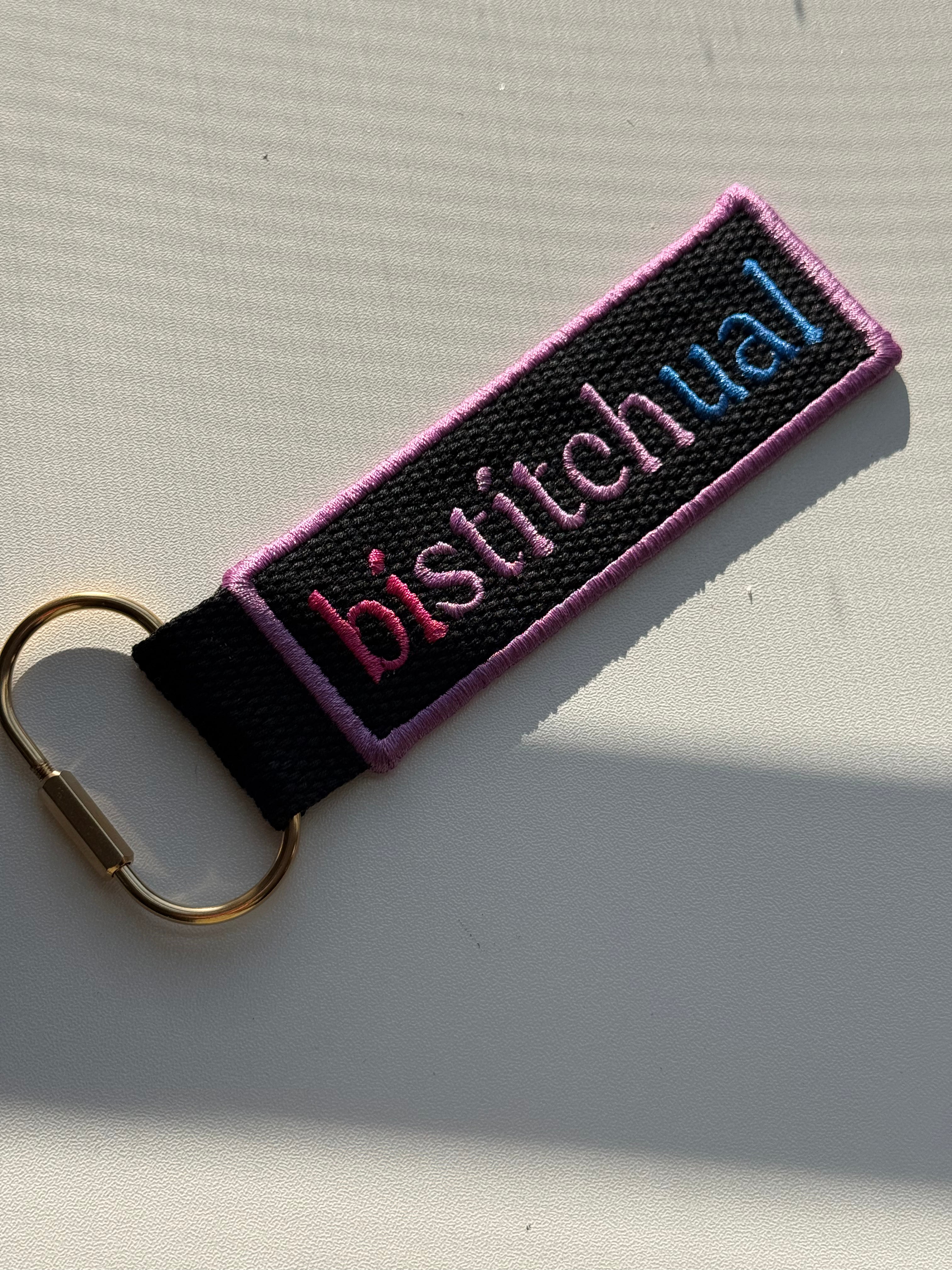 Bistitchual Black Bag Tag with pink, purple + blue embroidery – alternate view