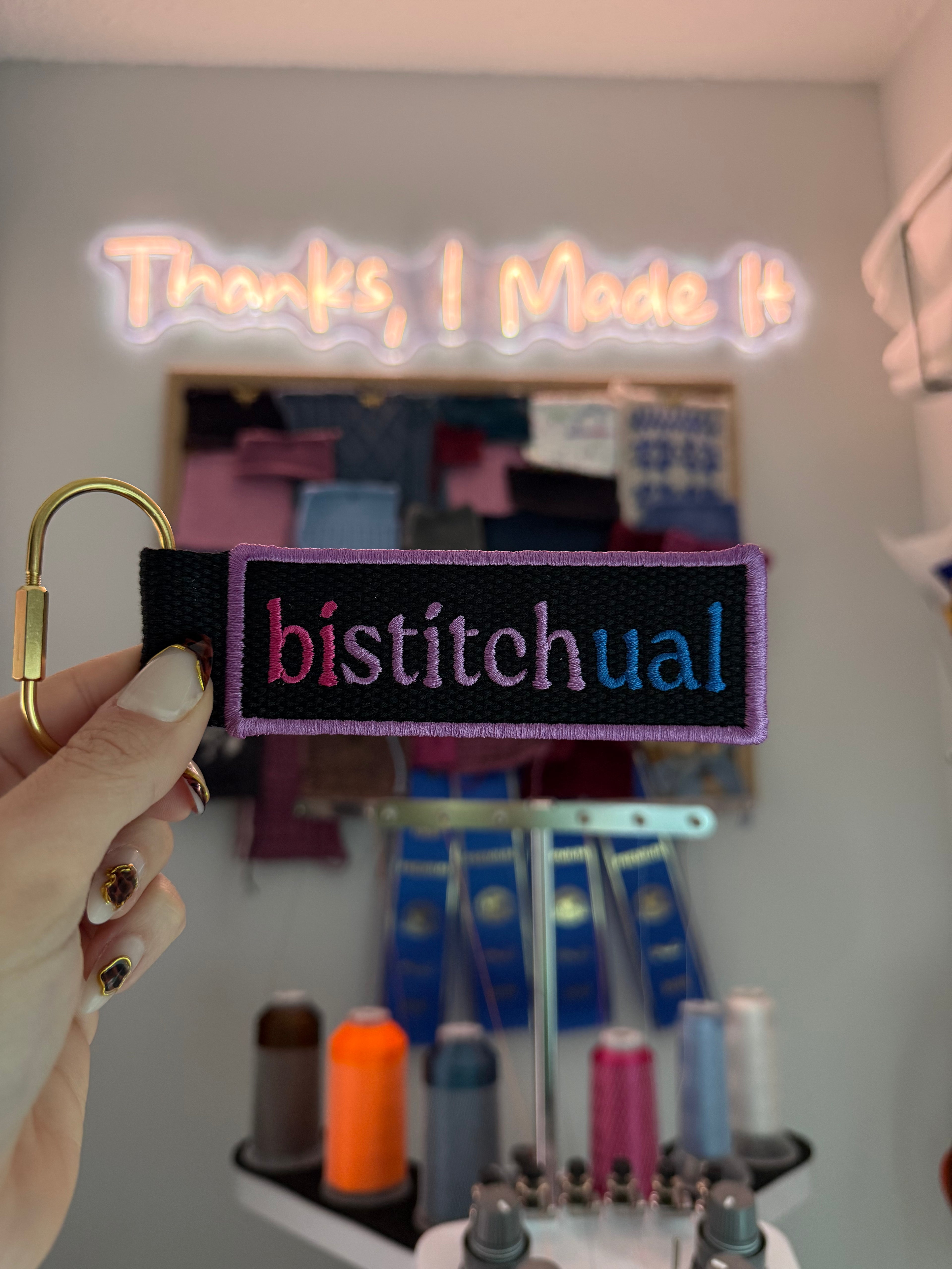 Bistitchual Black Bag Tag with pink, purple + blue embroidery – alternate view