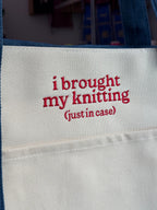 I Brought My Knitting Denim/Canvas Stash Tote with red embroidery – alternate view