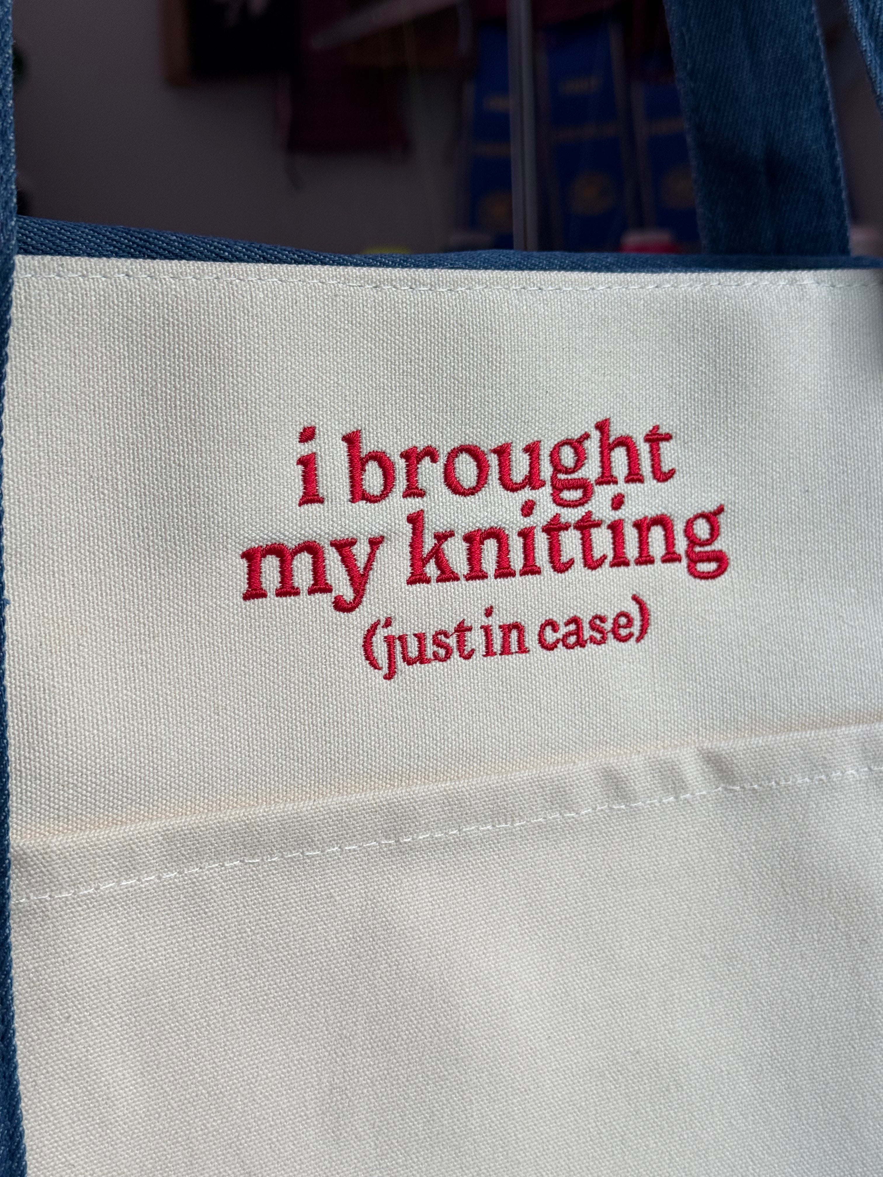 I Brought My Knitting Denim/Canvas Stash Tote with red embroidery – alternate view