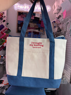 I Brought My Knitting Denim/Canvas Stash Tote with red embroidery – alternate view