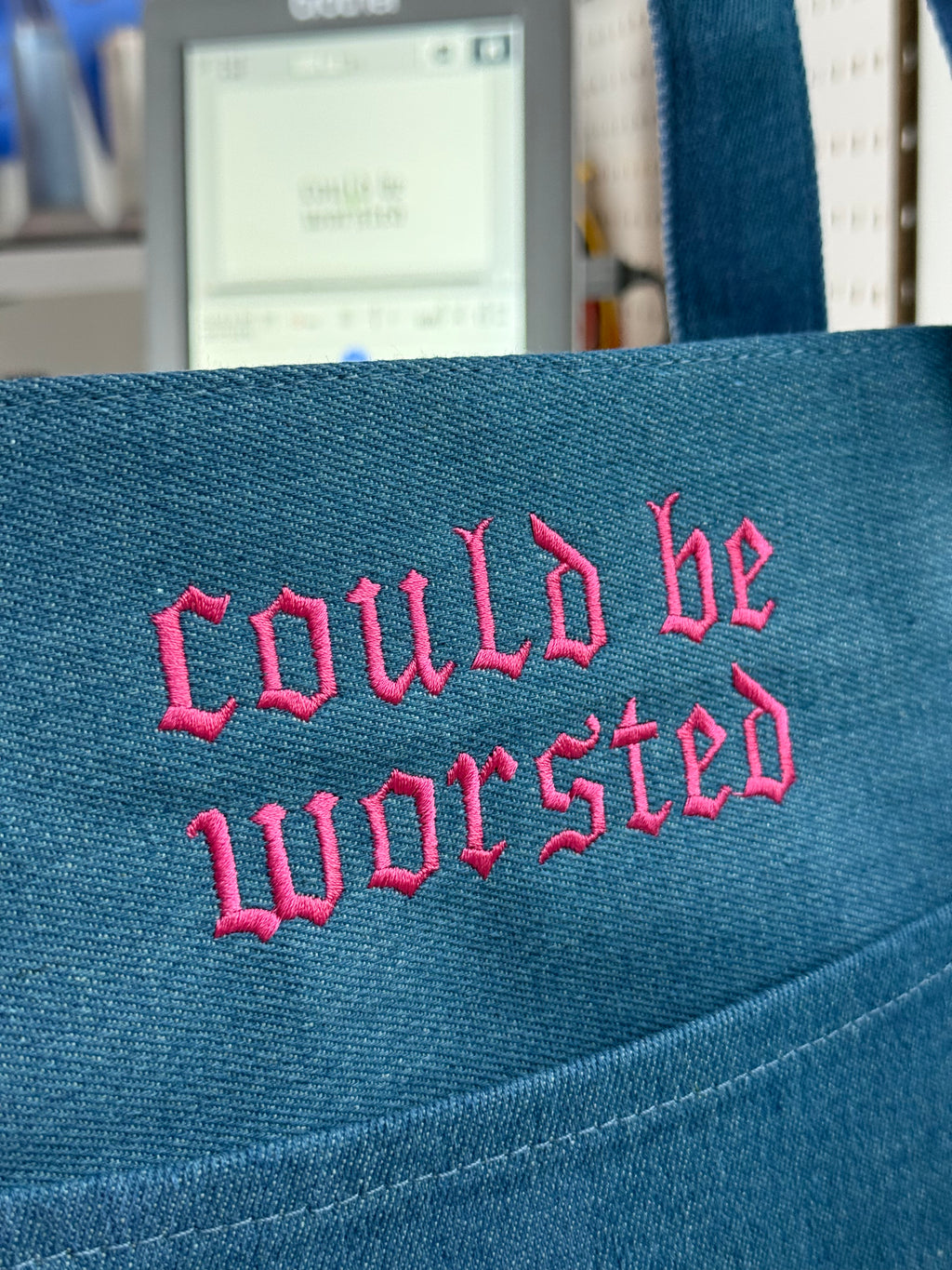 Could Be Worsted Denim Stash Tote with bright pink gothic embroidery