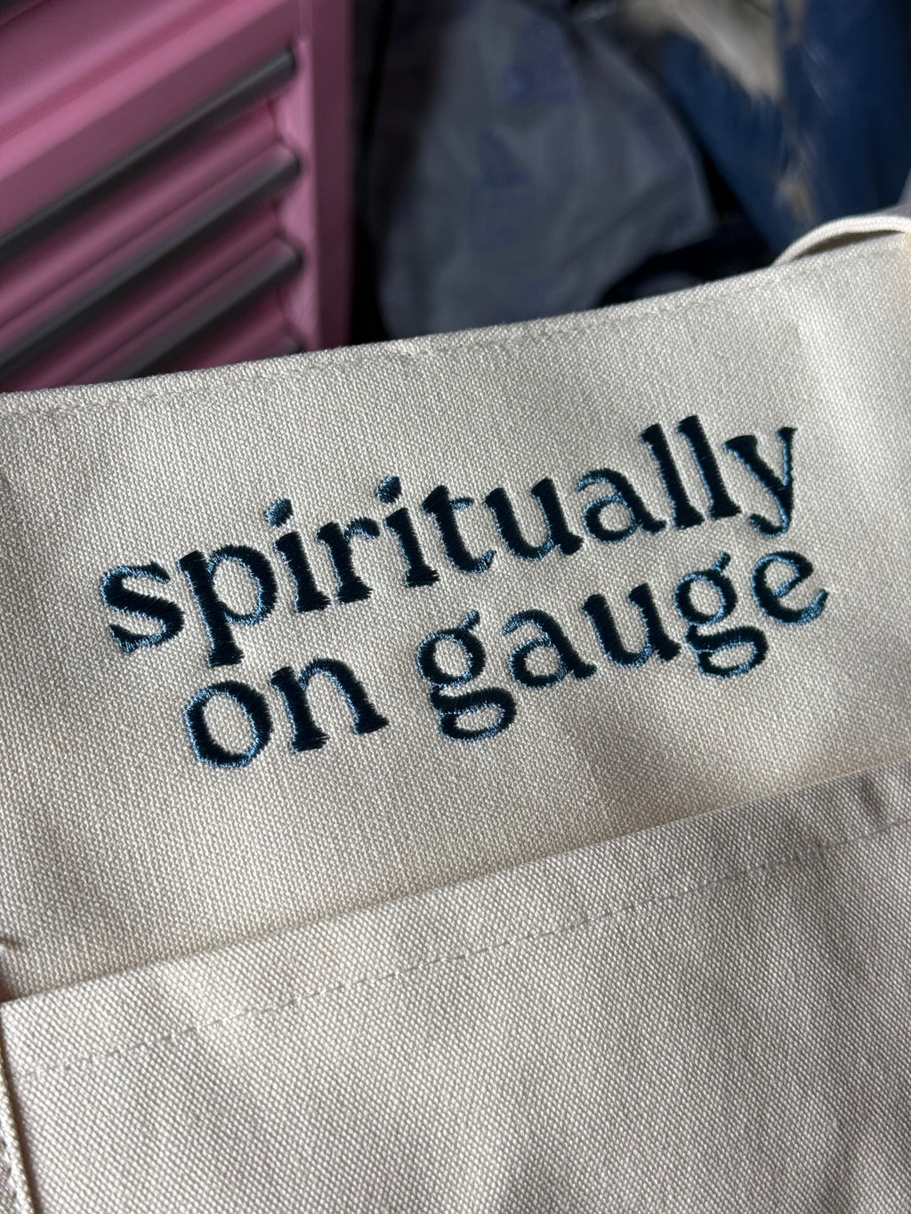 Spiritually on Gauge Natural Canvas Stash Tote with slate blue embroidery
