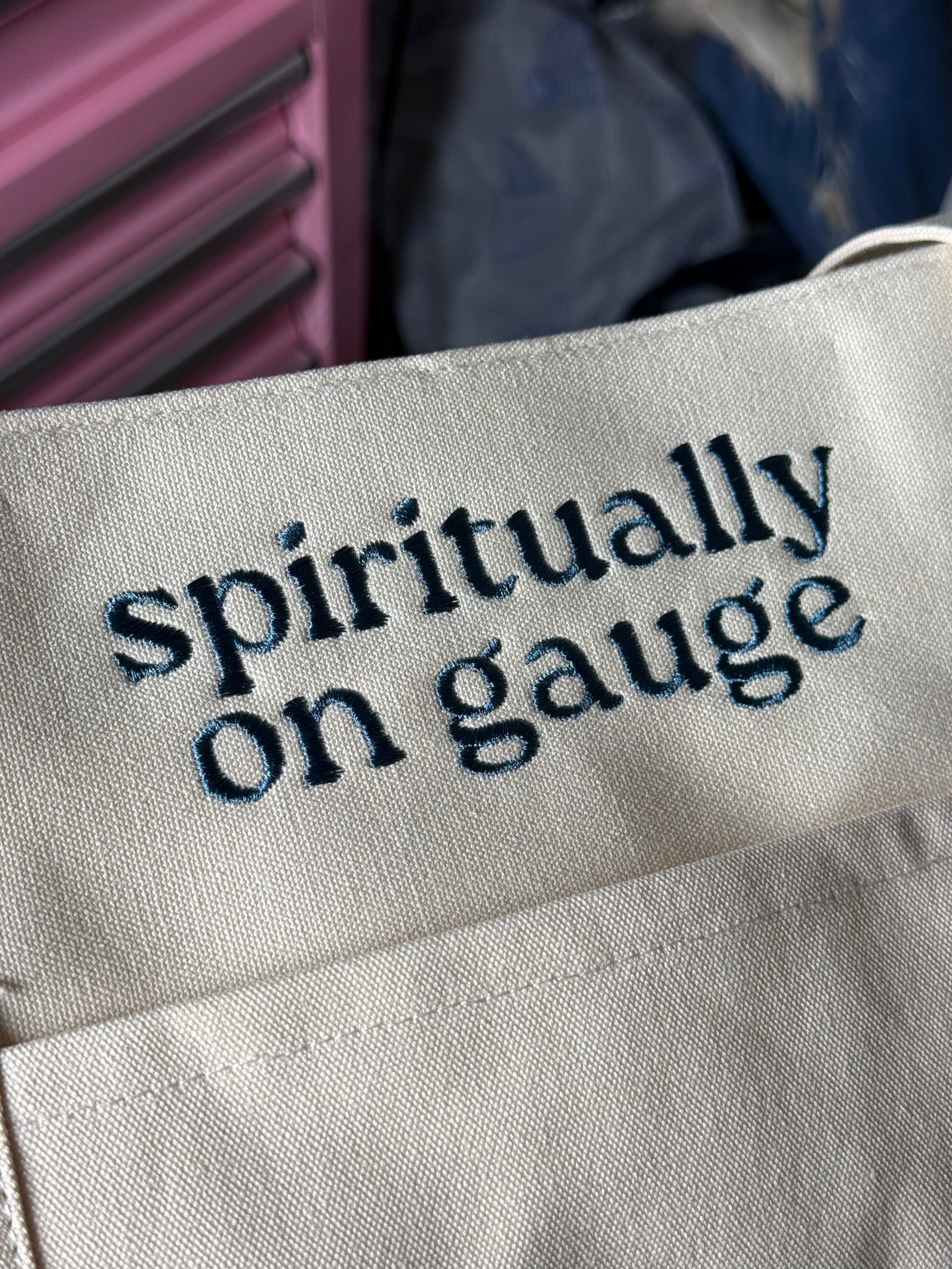 Spiritually on Gauge Natural Canvas Stash Tote with slate blue embroidery