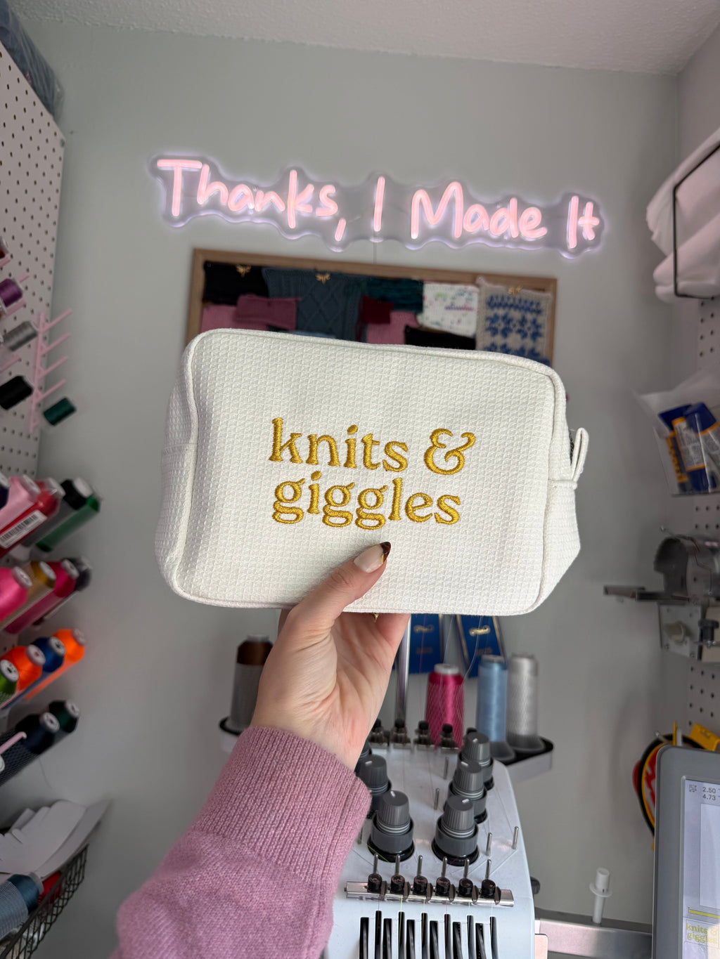 Knits & Giggles White Waffle Pouch with metallic yellow gold embroidery