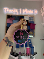Bistitchual Black Scallop Circle Bag Tag with pink, purple + blue embroidery