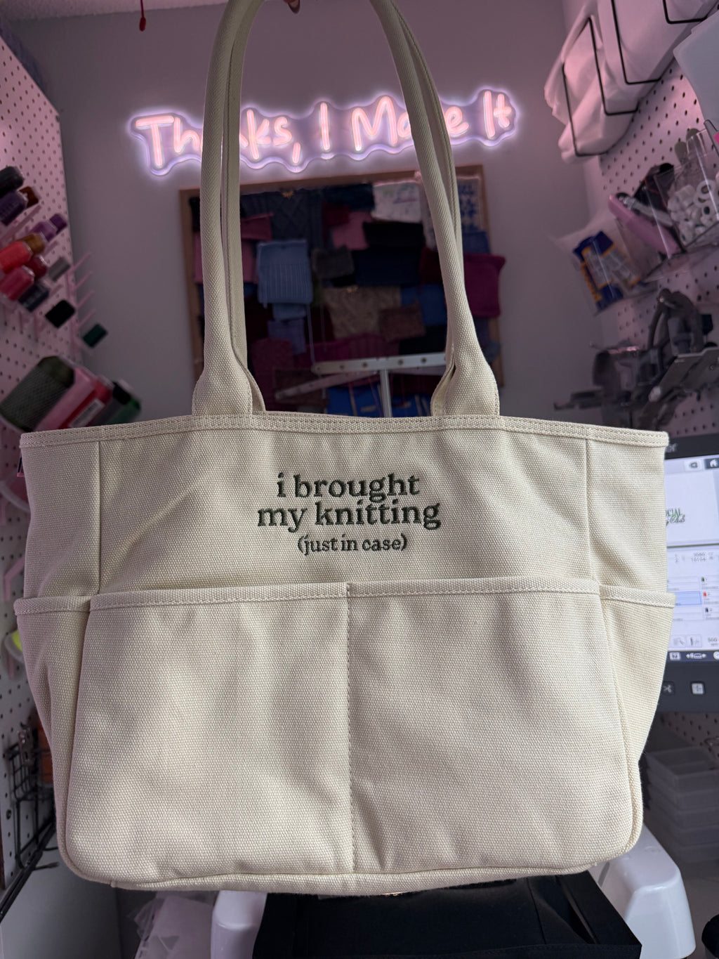 I Brought My Knitting Natural Canvas TIMI Tote™ – Dark Olive Embroidery