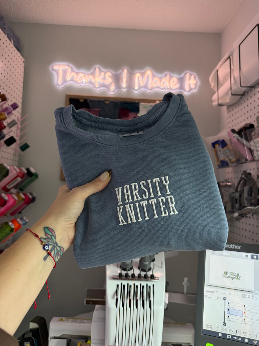 Varsity Knitter Blue Jean Comfort Colors Sweatshirt – White 3D Puff Embroidery