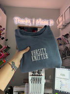 Varsity Knitter Blue Jean Comfort Colors Sweatshirt – White 3D Puff Embroidery