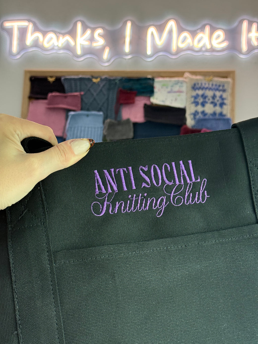 Anti Social Knitting Club Black Stash XL Tote – Purple Embroidery