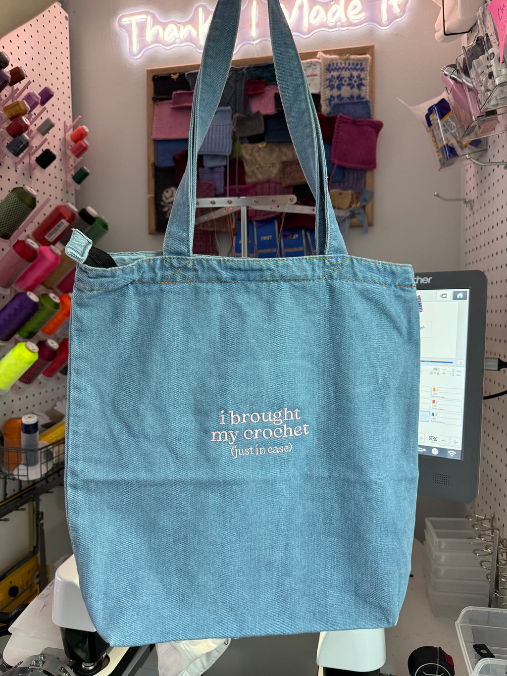 I Brought My Crochet Light Denim Studio Tote – Baby Pink Embroidery