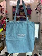 I Brought My Crochet Light Denim Studio Tote – Baby Pink Embroidery