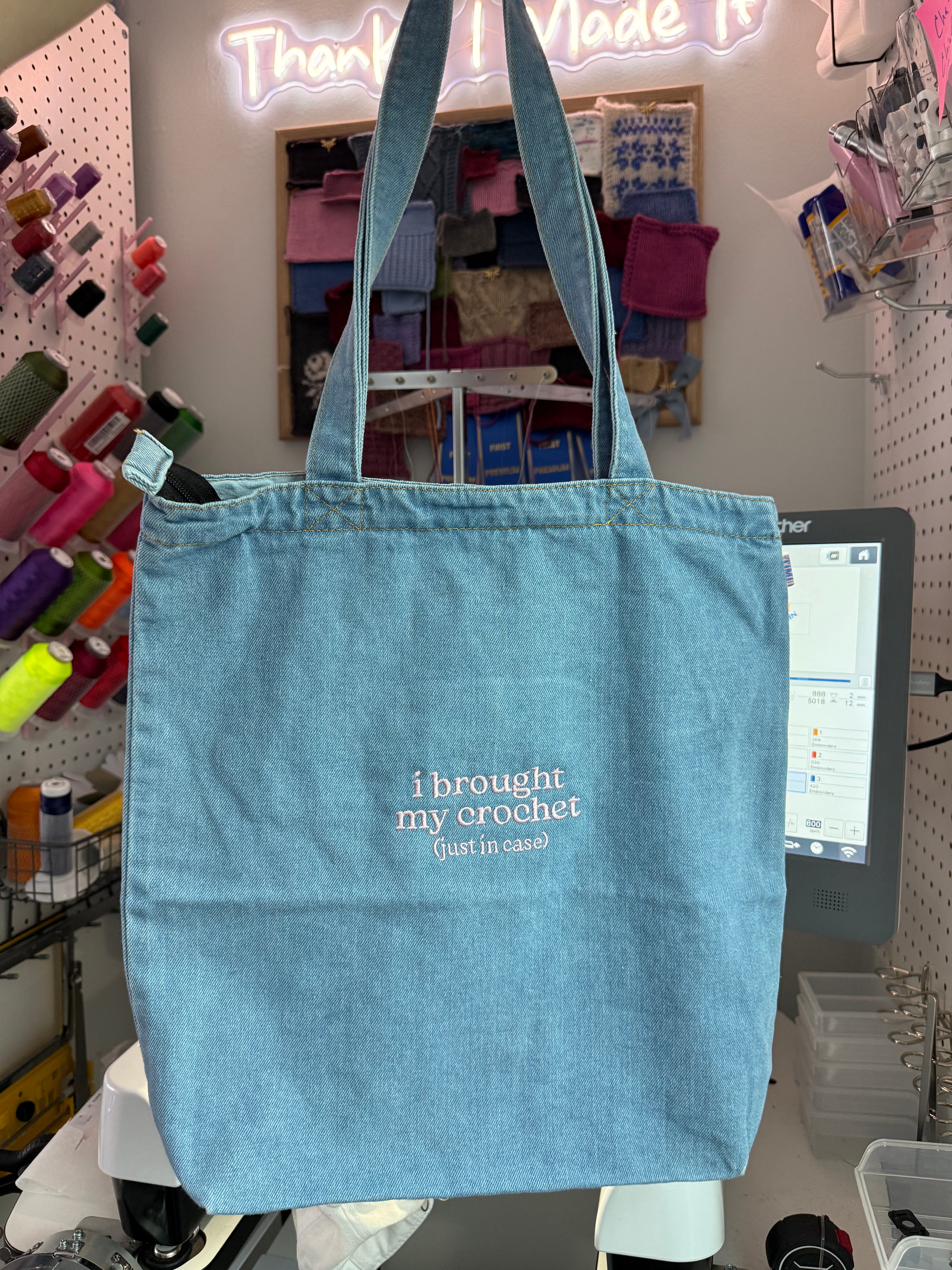 I Brought My Crochet Light Denim Studio Tote – Baby Pink Embroidery