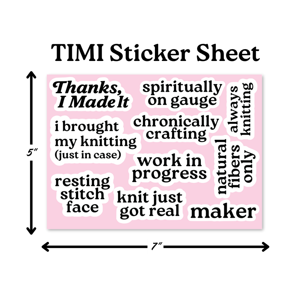 TIMI Sticker Sheet with various text phrases on a pink background