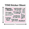 TIMI Sticker Sheet with various text phrases on a pink background