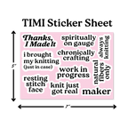 TIMI Sticker Sheet with various text phrases on a pink background