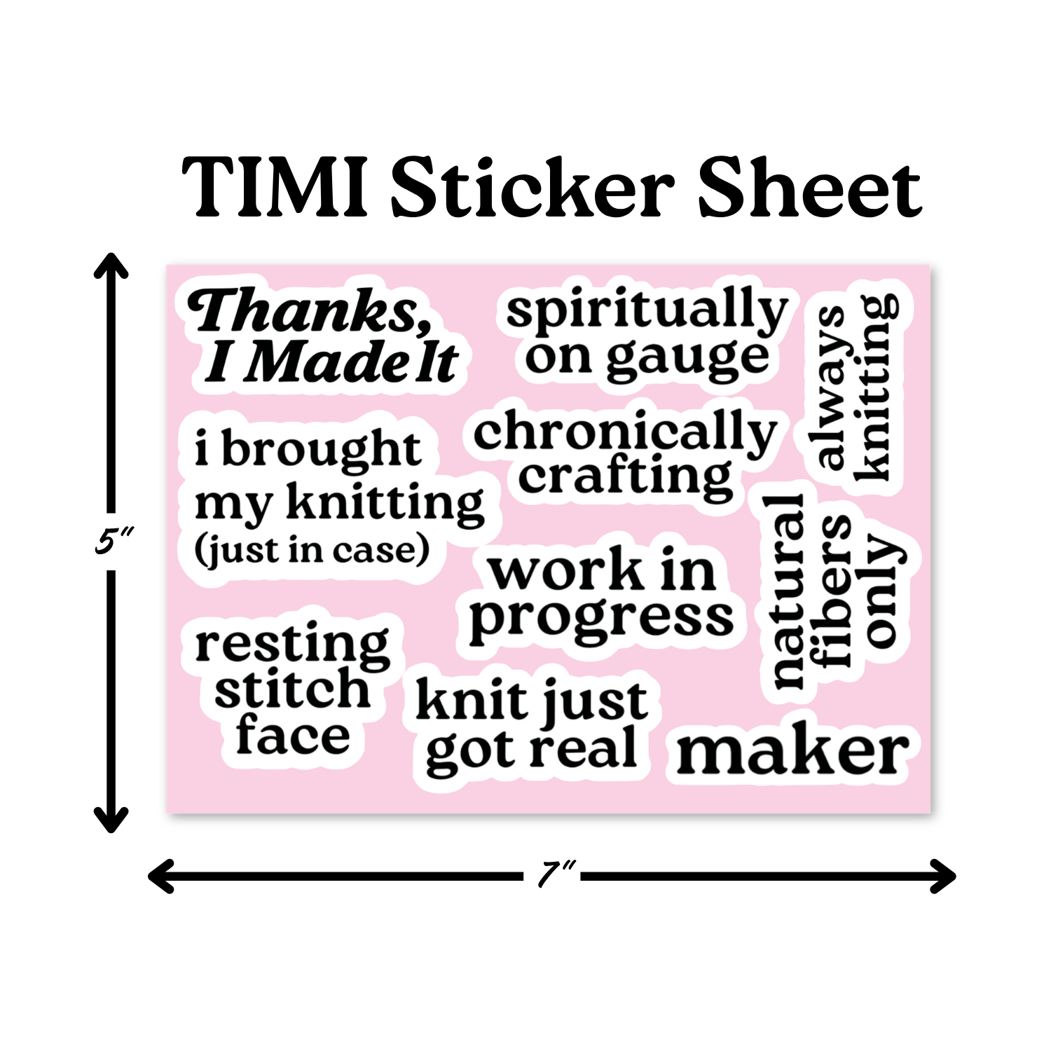 TIMI Sticker Sheet with various text phrases on a pink background