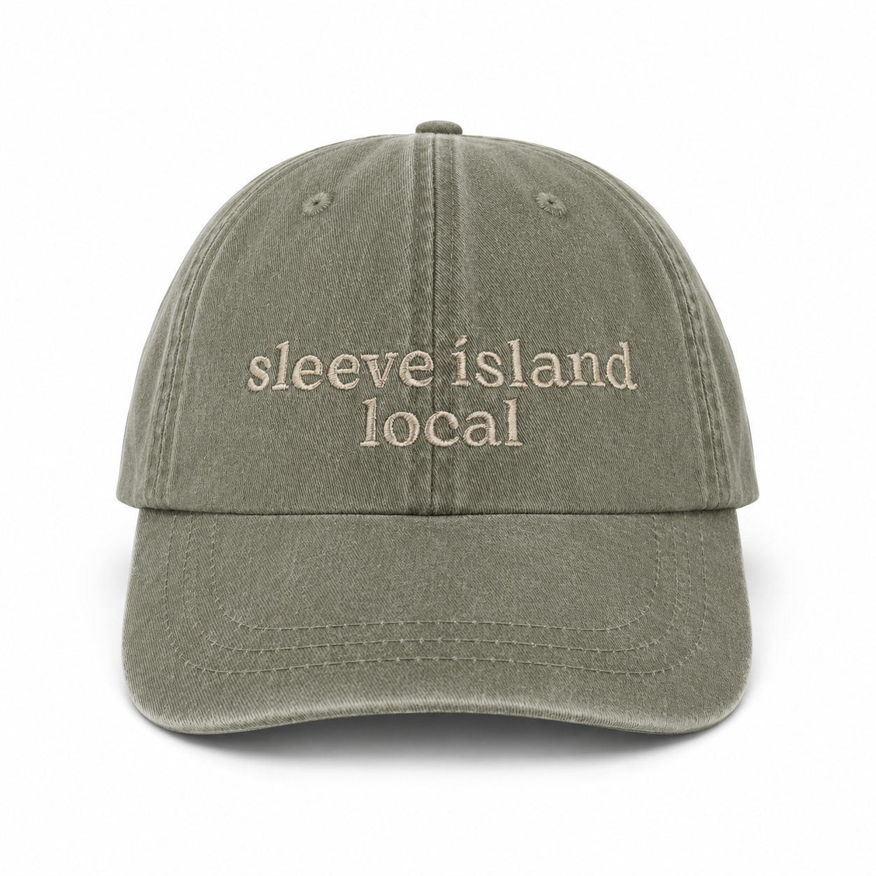 Green cap with 'sleeve island local' text on a white background