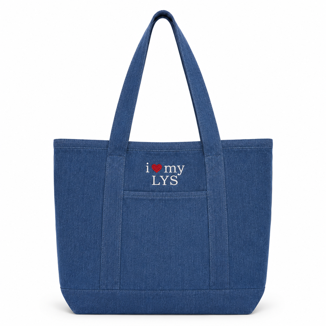 I Love My LYS – Denim Tote Bag with Pockets – White + Red Embroidery | Maker Favorite
