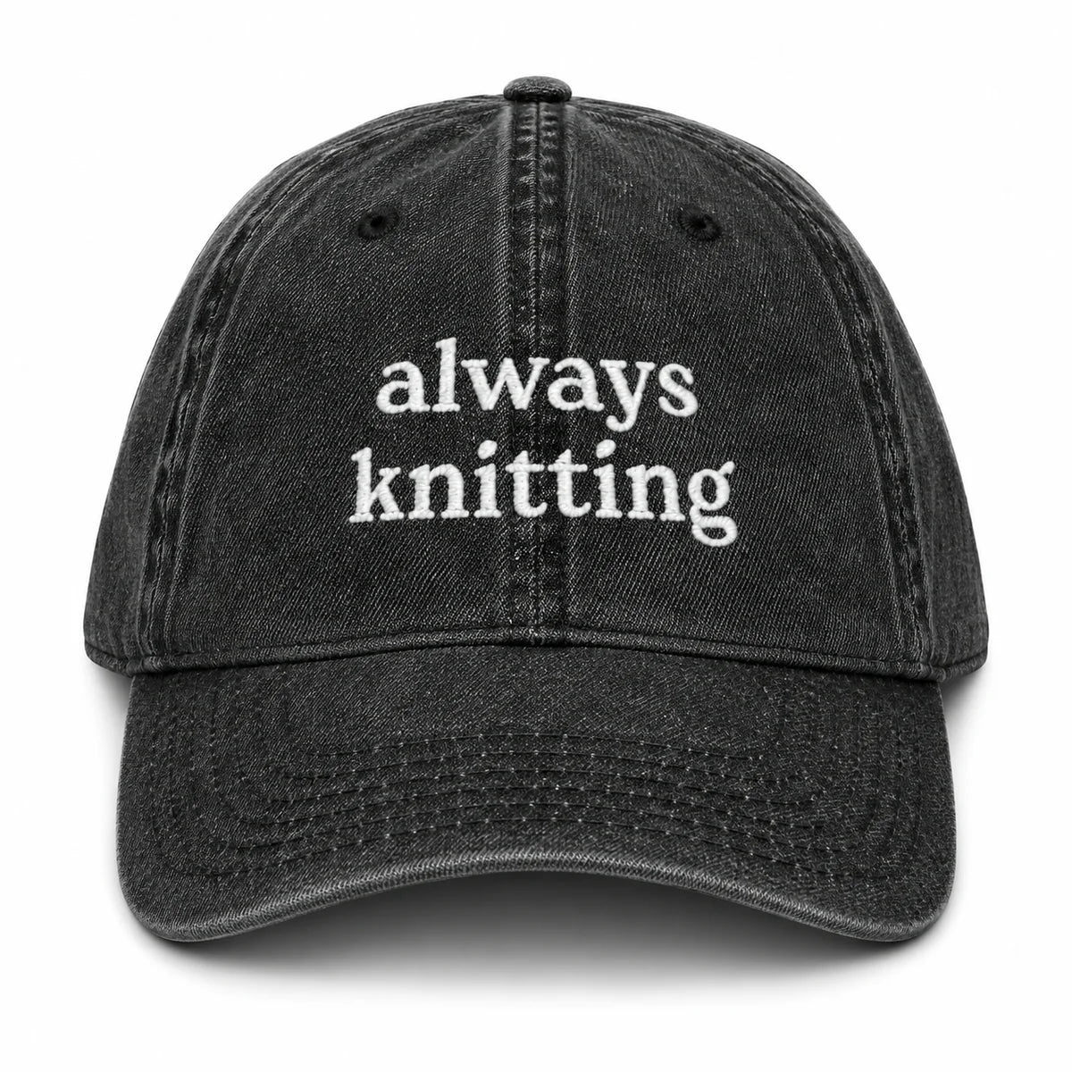 Always Knitting – Black Denim Hat – White Embroidery | Maker Favorite