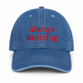 Medium denim hat with red Always Knitting embroidery
