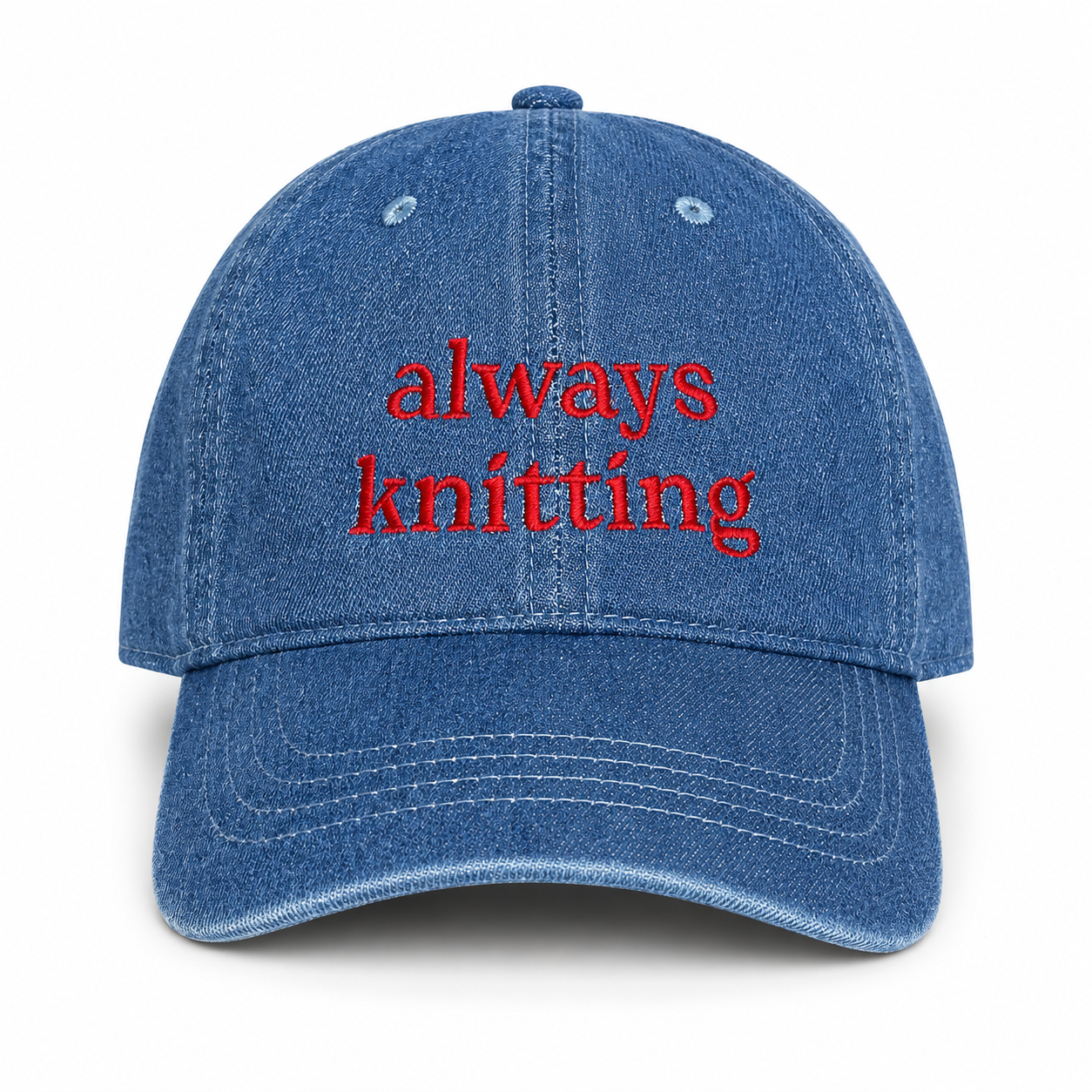Medium denim hat with red Always Knitting embroidery