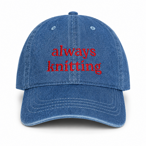Medium denim hat with red Always Knitting embroidery